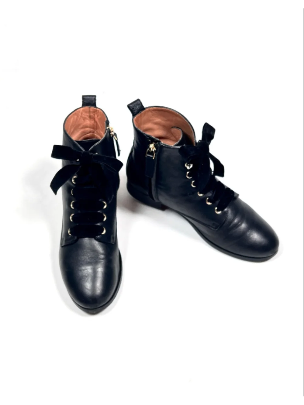 Sézane Womans Boots Black Leather Ankle Boots with Velvet Laces, Size 37 Elegant